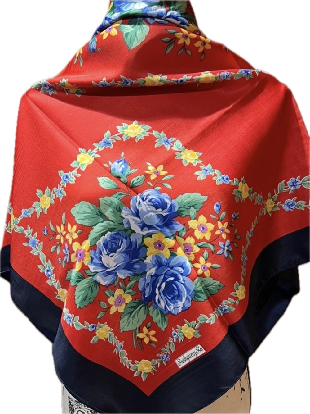 Sunkyang Sa Vintage Silk Scarf in Red Floral & Blue Rose Bouquet 34”x34”